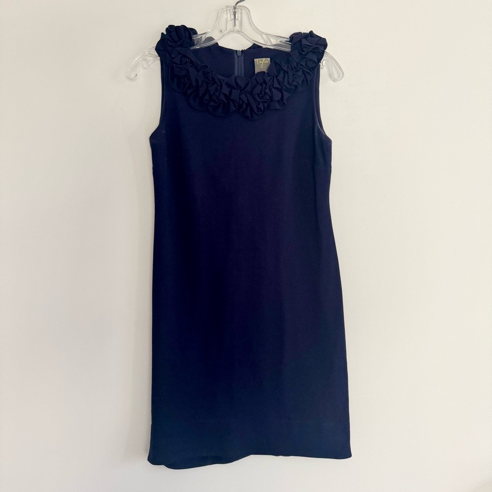 Taylor Navy Blue Ruffle Neckline Sheath Dress 2